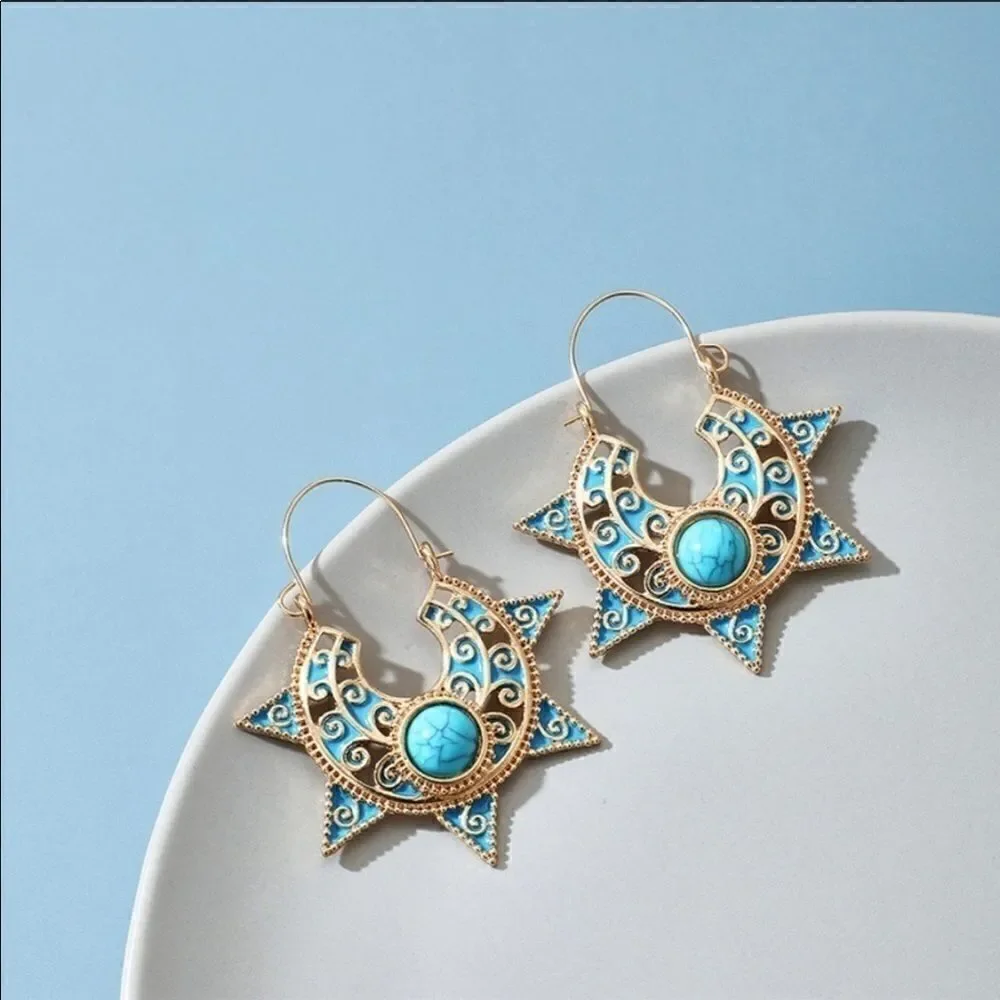 Earrings BOHO style Sunflower Turquoise